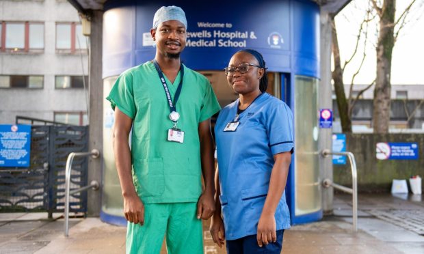 Nigerian nurses Samuel Kayode and Omotayo Aloyah, who have spent the last year working at Ninewells Hospital Dundee