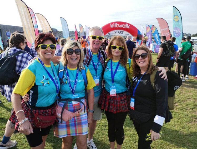 Lynda took part in the Dundee Kiltwalk in August with her daughter Kay and close friends to raise money for Bowel Cancer UK