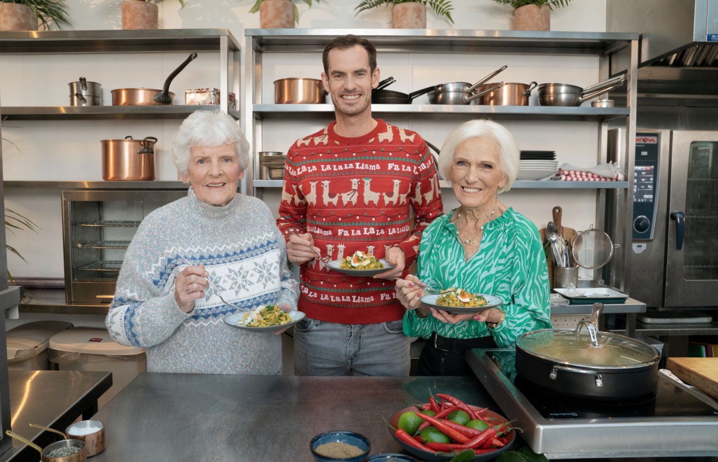 Andy Murray with gran Shirley Erskine and Mary Berry at Cromlix Hotel, near Dunblane, for BBC show Mary Berry's Highland Christmas.
