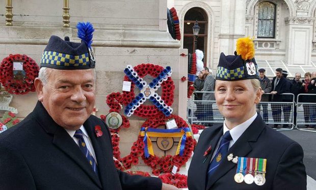 Margaret Brown and husband Charlie at a Remembrance commemoration at the Cenotaph in London. Image: Supplied