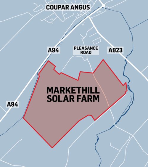 Map showing large solar farm site very close the town of Coupar Angus