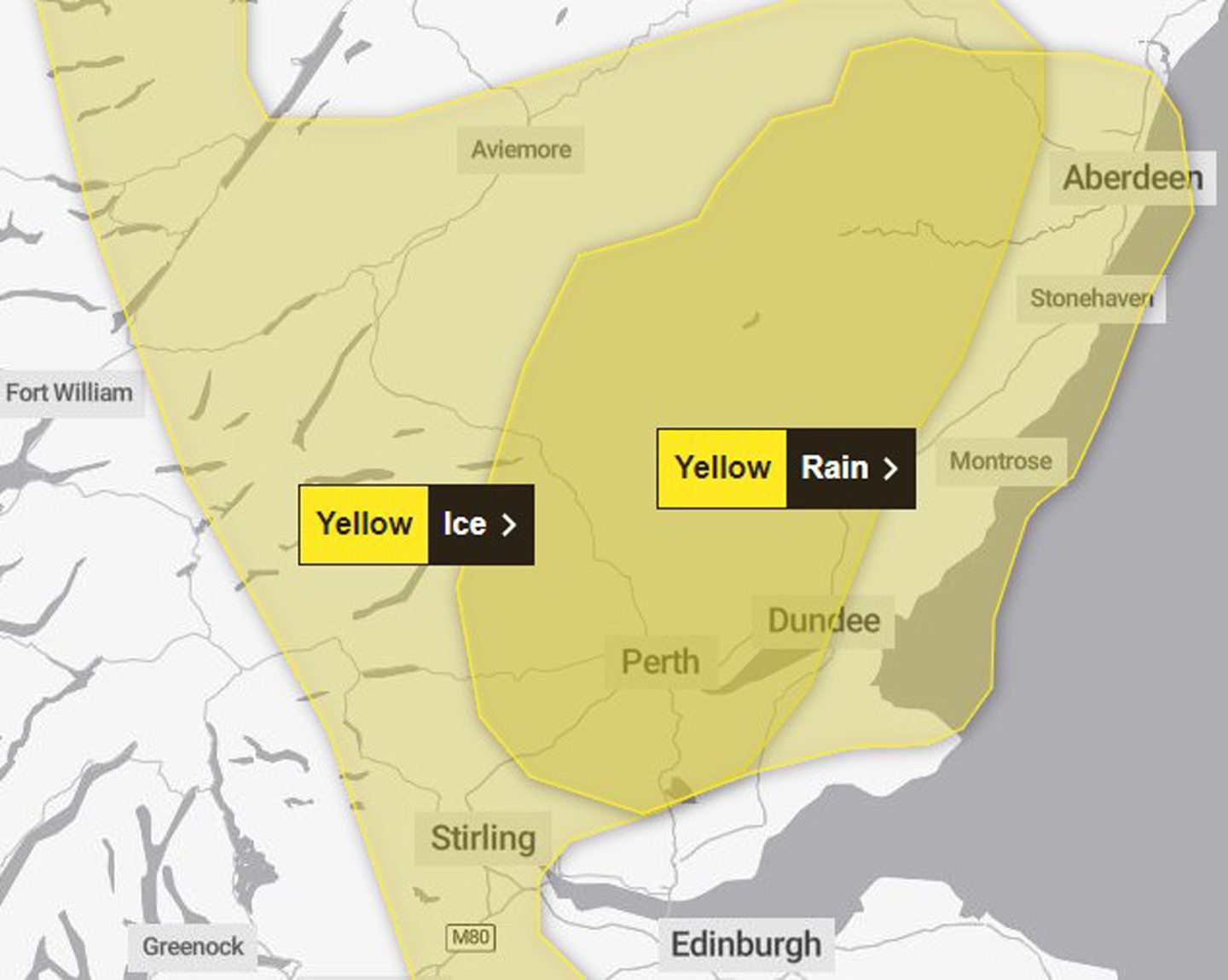 The area covered by the Met Office's yellow alerts for ice and rain.