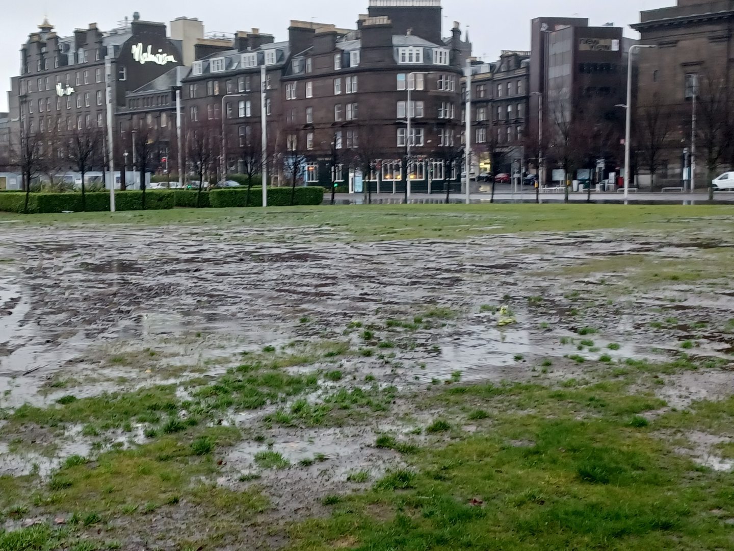 Standing water at Slessor Gardens in Dundee amid Storm weather