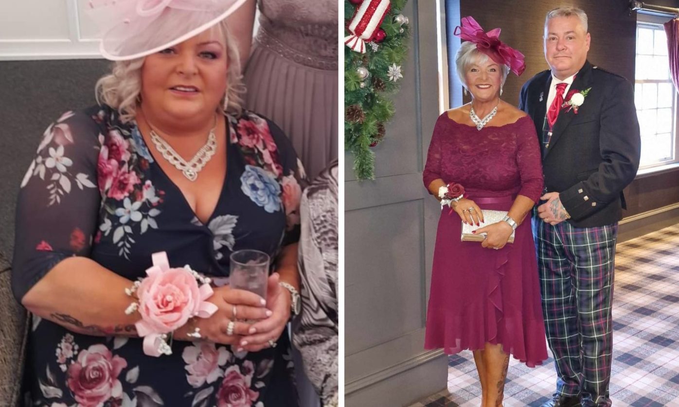 Dundee woman Lesley Thomson at a wedding in 2022 and at another this year after losing six stone.