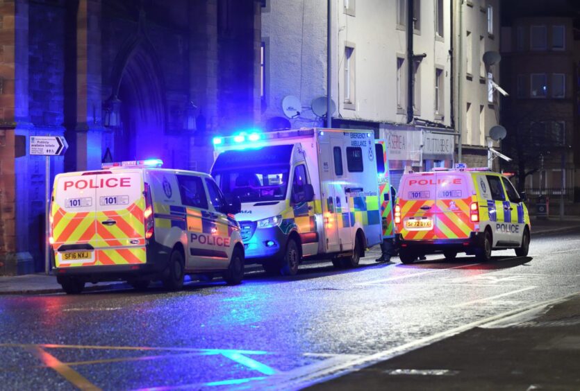 Emergency vehicles parked up on Kinnoull Street in Perth city Centre.