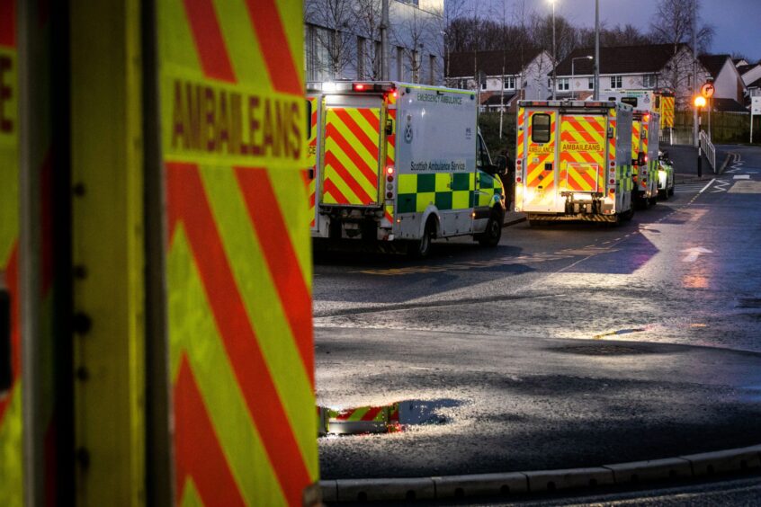 Fife ambulances waiting outside Victoria Hospital, Kirkcaldy.