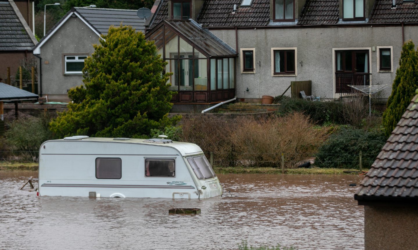 A stored caravan was caught up in the flooding at Strathmiglo during Storm Gerrit.