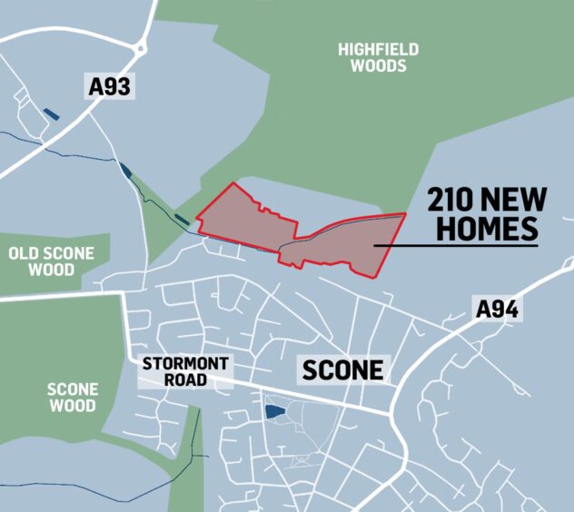Map showing position of scone North development, relative to Scone and surrounding woodland
