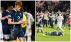 Ross County's Simon Murray pushed over a Dundee fan who had invaded the pitch. Image: Casey/SNS Group/Virtual Scotland