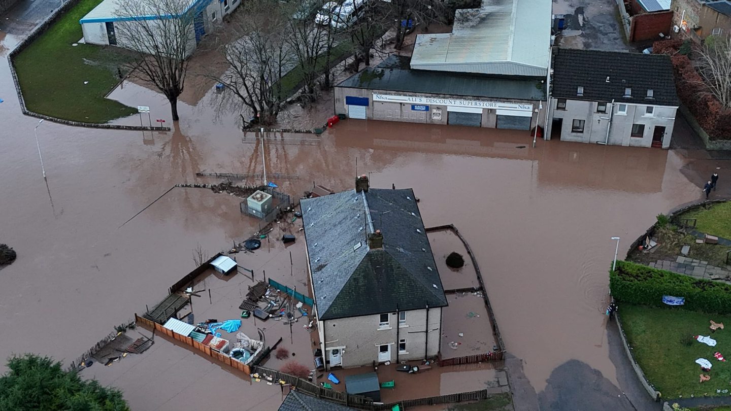 Drone image capturing the extent of the flooding around Ali's Discount Superstore.
