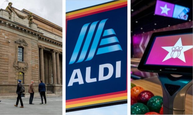 A museum, supermarket sign and a bowling alley screen