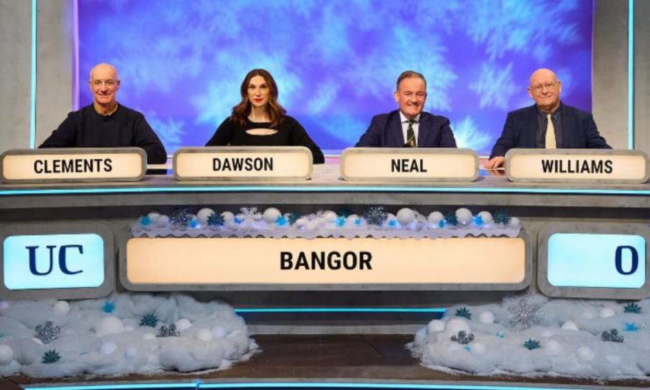 Bangor University team on University Challenge from left to right: Dr Andy Clements, Juno Dawson, David Neal and Hywel Williams.