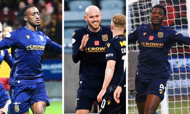 Dundee strikers (from left) Zach Robinson, Zak Rudden and Amadou Bakayoko are battling it out for starting spots at Dens Park.