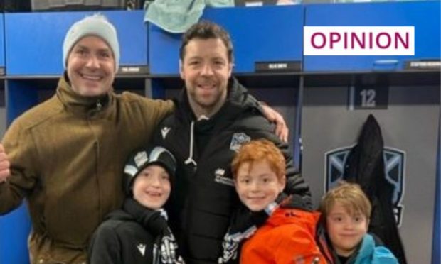 Martel's husband Jamie and sons Chester, Guthrie and Monty with Glasgow Warriors scrum coach and former Scotland prop Alasdair Dickinson