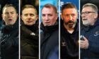 Dundee boss Tony Docherty will take on (from left) Derek Adams, Barry Robson, Brendan Rodgers, Derek McInnes and Craig Levein in his next five fixtures.