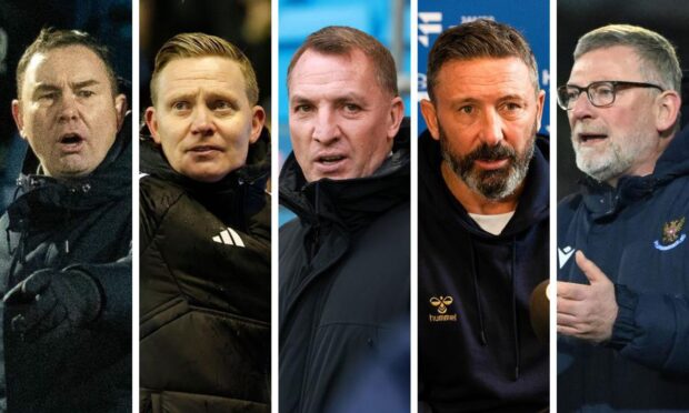 Dundee boss Tony Docherty will take on (from left) Derek Adams, Barry Robson, Brendan Rodgers, Derek McInnes and Craig Levein in his next five fixtures.