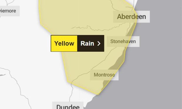 The yellow warning area covers northern Angus. Image: Met Office