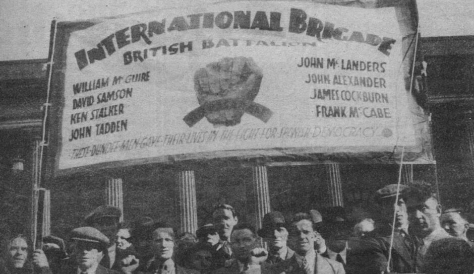 Dundee international brigade banner in front of the Caird Hall in 1938.