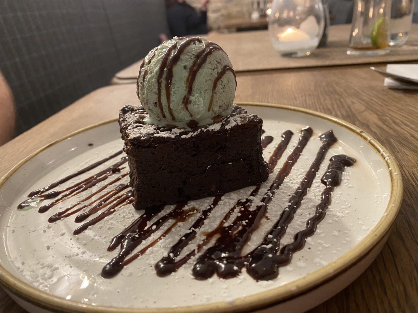 Brownie with mint choc chip ice cream from The Kirklands Hotel. 