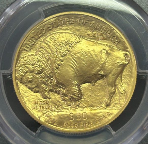 Rear of gold buffalo $50 coin showing a buffalo