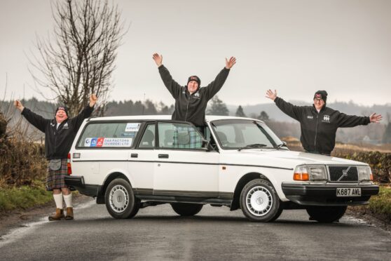 Angus pals Archie Cook, Alan Falconer and Stephen Woods drove a 30-yar-old Volvo to the Arctic in May to raise funds for Prostate Scotland.  Image: Mhairi Edwards/DCThomson