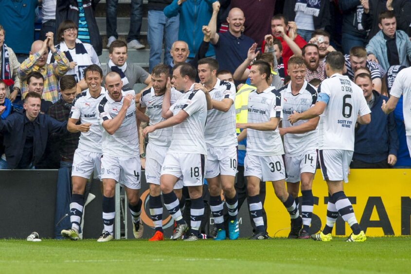 Dundee FC celebrate as Rory Loy puts them 2-0 up in 2016.