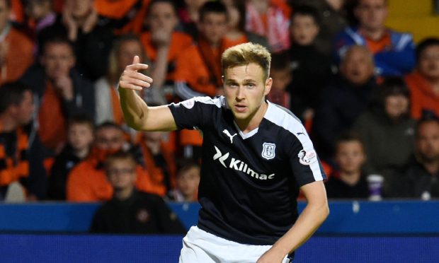 Greg Stewart celebrates a Dundee goal at Dundee United