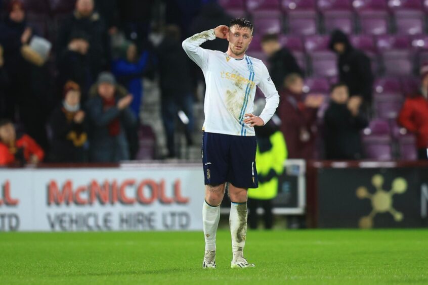 Jordan McGhee dismayed at full-time after Dundee lost to Hearts. Image: Shutterstock