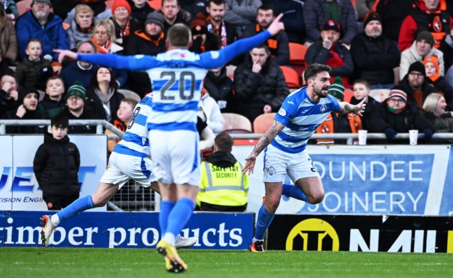George Oakley celebrates scoring for Morton at Dundee United