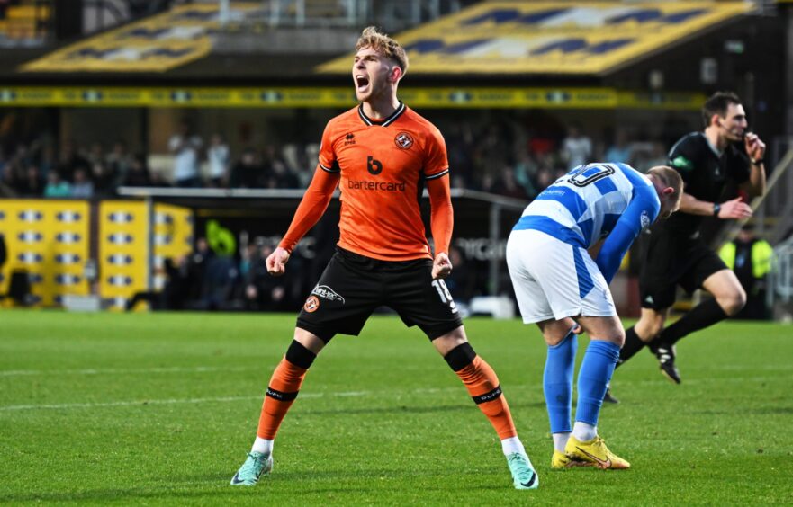 Dundee United's Kai Fotheringham celebrates after scoring a header against Morton