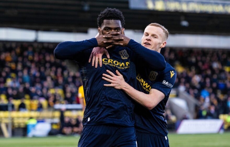 Amadou Bakayoko celebrates a Dundee goal.
