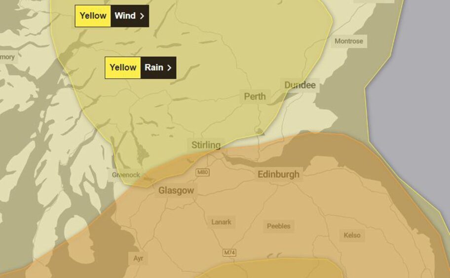 The amber waring zone in parts of Fife and Stirling.