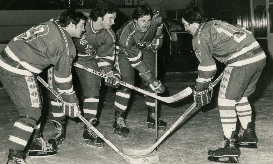 Roy Halpin, Kevin O'Neill and Chris Brinster and Joe Guilcher on the ice in 1981.