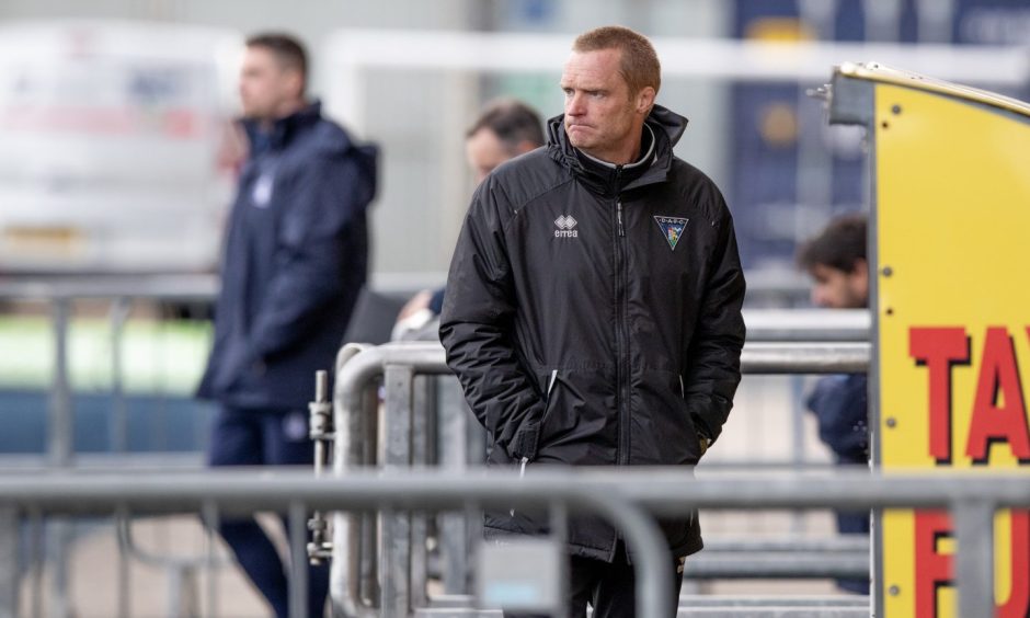 Greg Shields, pictured beside the dugout, has left his role with the Dunfermline Athletic academy. Image: Craig Brown / DAFC.