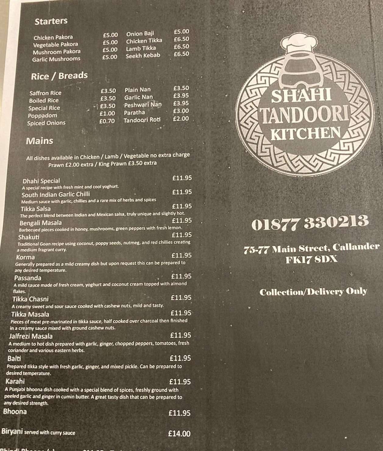Shahi Tandoori Kitchen menu at Frying Dutchman in Callander. 
