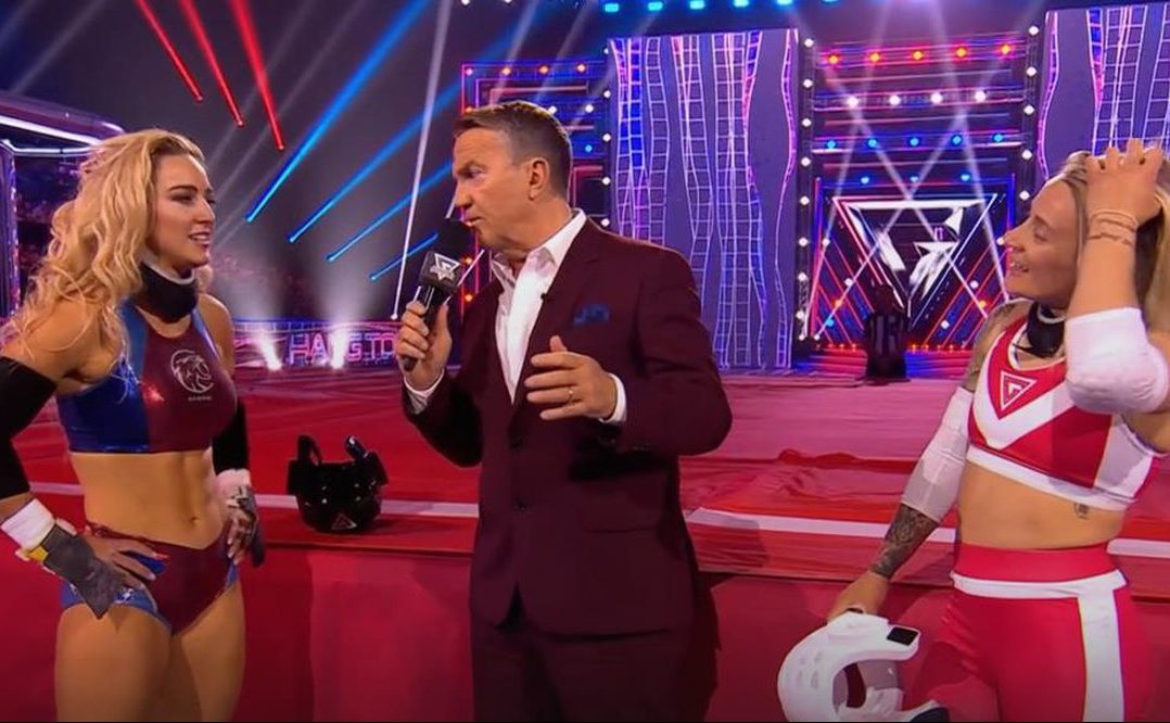 Dundee Gladiator Sabre with host Bradley Walsh and Dunfermline contestant Kerry. Image: BBC iPlayer