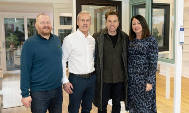 Left to right: Finlay Robertson (operations director for Balhousie Glazing), Drew Hay (managing director for Balhousie Glazing), Ewan McGregor and Jane Bertie (finance director for Balhousie Glazing) at Balhousie Glazing in Perth.