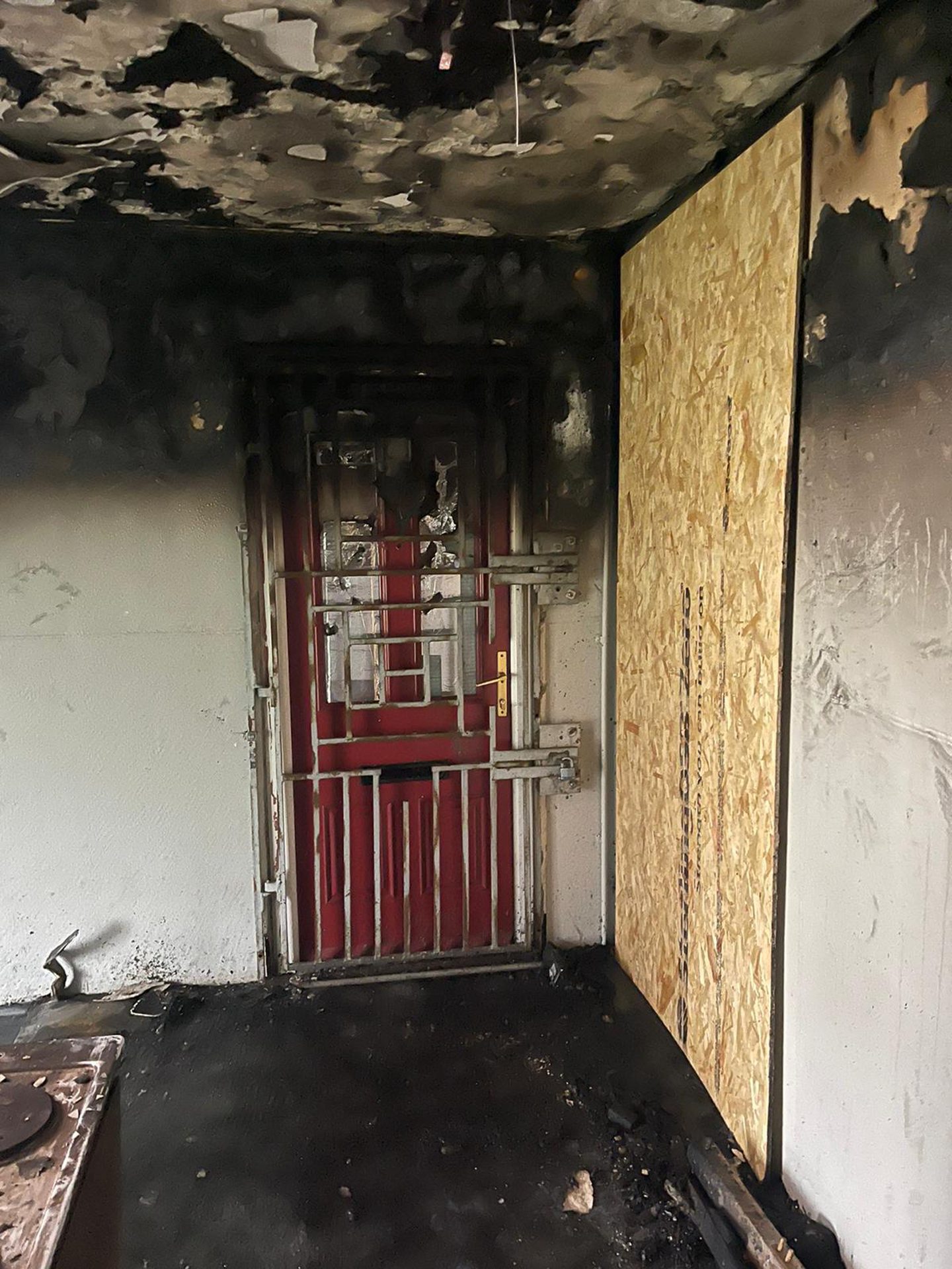 The scene inside a stairwell of the fire-hit block in Templehall Road, Kirkcaldy, on January 21 2024.