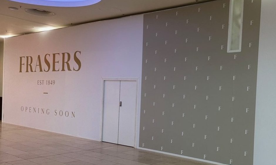 Frasers 'coming soon' hoarding at Overgate Shopping Centre in Dundee.