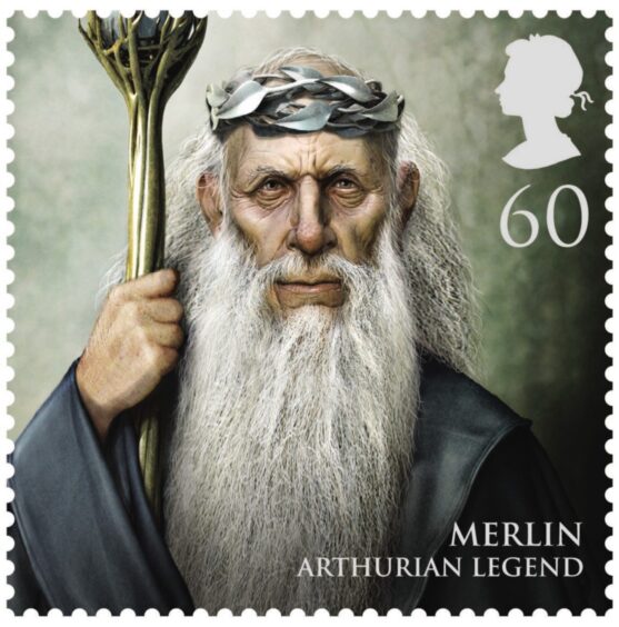 The mythical character Merlin the wizard on a 2011 stamp. 