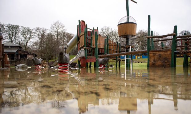 Flooded area of the play park at Camperdown Park, Dundee.