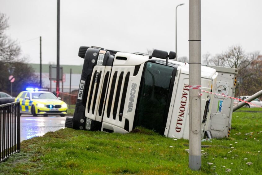Lorry overturned on Forfar Road