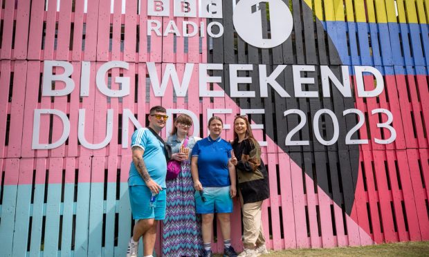 Fans Alex Gray, Katie Leah, Cheryl Smith and Chantelle Smith get their photo taken at Radio 1's Big Weekend in Dundee. Image: Kim Cessford/DC Thomson