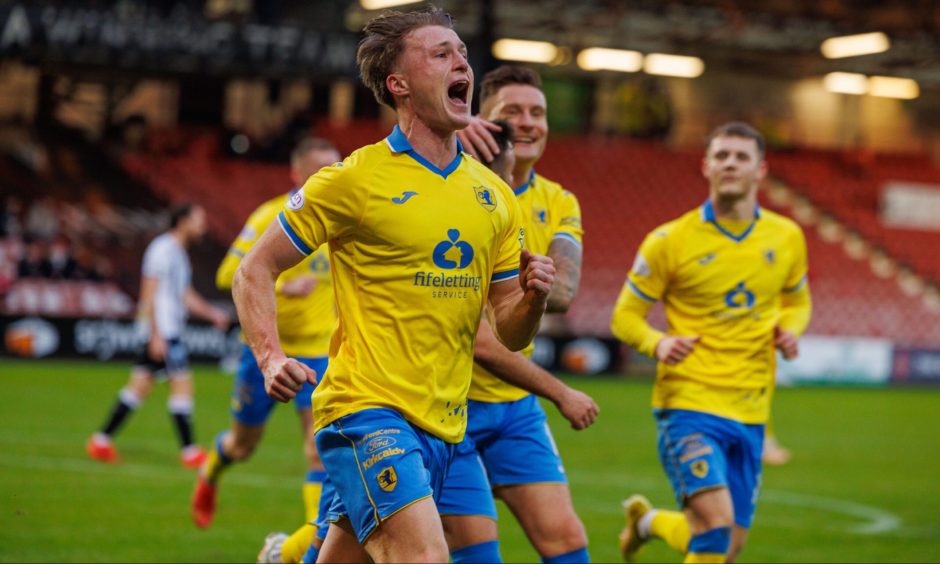 Dan O'Reilly celebrates scoring the winning goal for Raith Rovers in their Fife derby victory against Dunfermline Athletic on January 2.