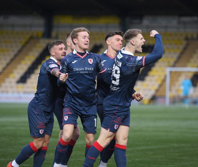 Jack Hamilton (right) celebrates after earning Raith Rovers an early lead: Image: Dave Johnston.
