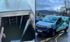 Two sided image. One side shows a hole in the street full of water, the other a Scottish Water van parked in Rose Terrace, Perth, during Storm Gerrit.