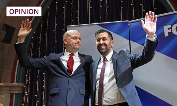 First Minister and SNP Leader Humza Yousaf and SNP Westminster leader Stephen Flynn (left) launch the party's General Election campaign. Image: Steve Welsh/PA Wire