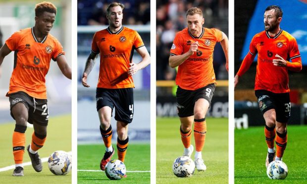 Left to right, Dundee United players Mathew Cudjoe, Kevin Holt, Louis Moult and Scott McMann