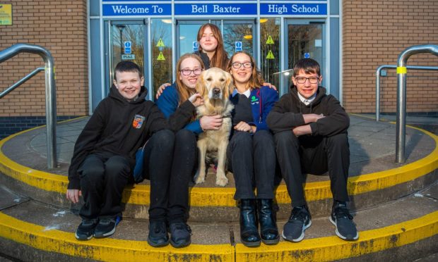CR0046573 - Cheryl Peebles Story  - Fife area - eature about Bell Baxter High's school dog, Bella - Picture shows scenes from the visit; Bella with, left to right, Kyle Mitchell (S4), Grace Alexander (S5), Bryony Lyons (S4), Abigail Rodriguez (S5) and Lennon McSporran (S3)
 --  Bell Baxter High School, Carslogie Road
  Cupar - Monday 15th January 2024 - Image: Steve MacDougall/DC Thomson