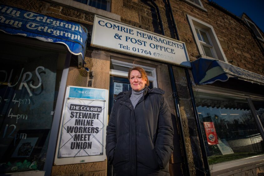 Marlene Wood outside Comrie post office